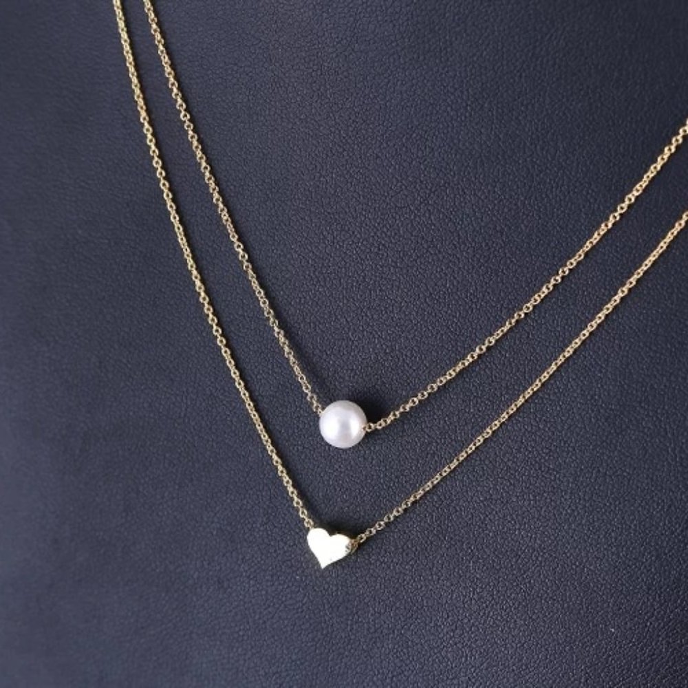 925 Sterling Silver Double Layer Pearl Heart Necklace - Picture 3 of 10
